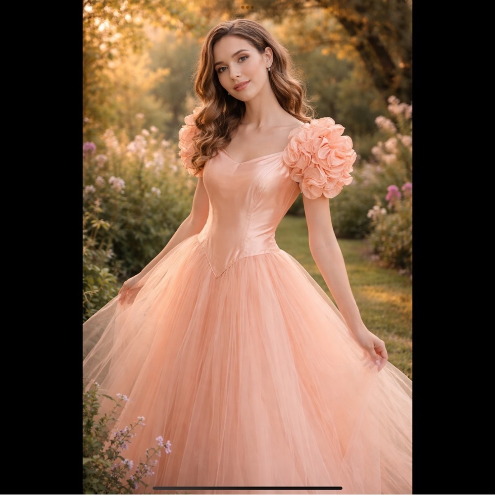 Princess Fairycore Peach Prom Ballgown Vintage Satin Tulle Rosette Sleeve Maxi
